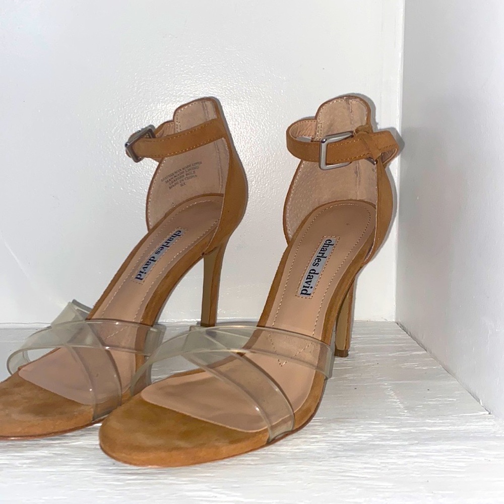 Charles David cream heels with clear bottom strap